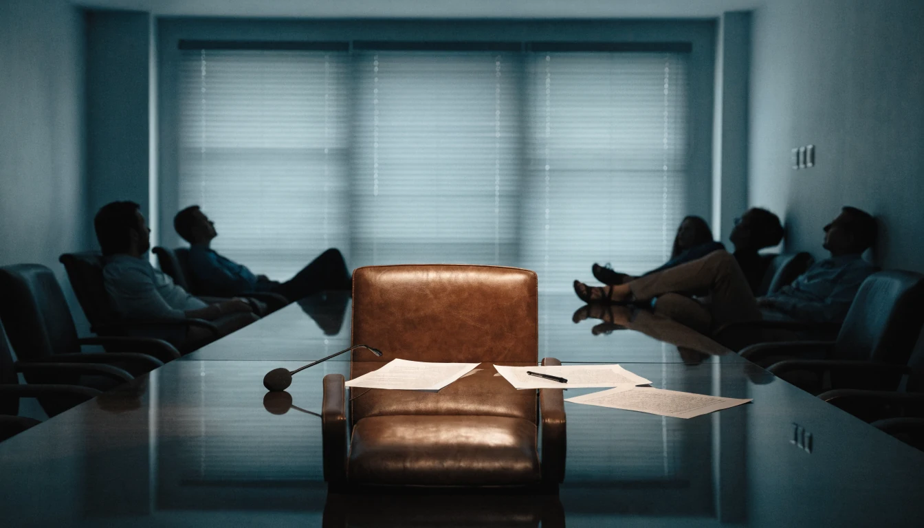 Empty chair pulled forward at a boardroom table with shadowed figures behind