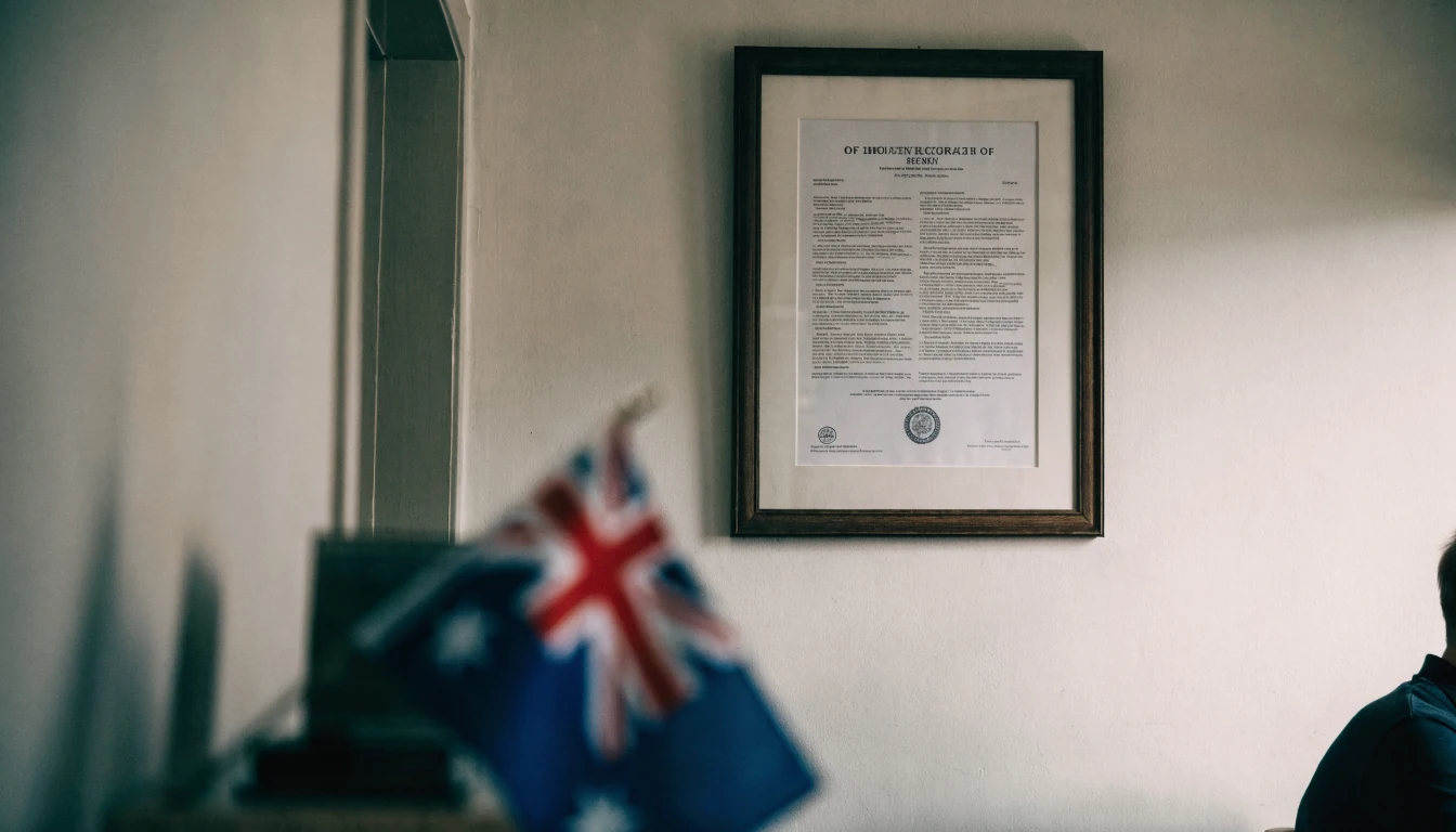 Framed foreign licence hanging on an office wall, partially obscured Australian flag